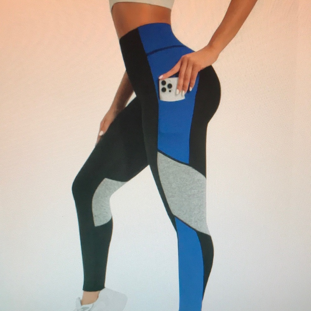 Black, Blue & Gray High-Waisted Leggings with Geometric Design. NWOT